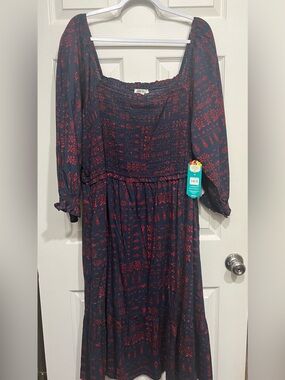 The Pioneer Woman Navy and Red Smocked Midi Dress